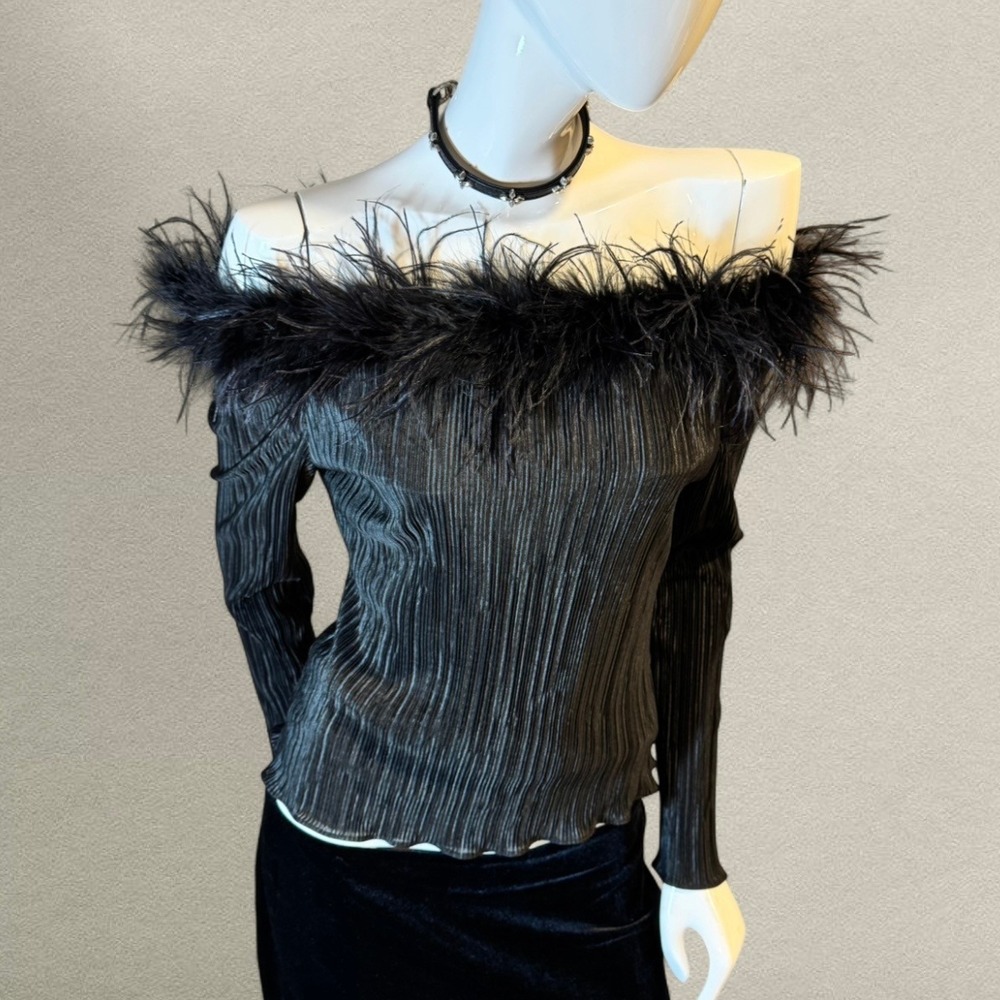 Jackie Jon New York Feather Trim Off the Shoulder Black Pleated Evening Top 10